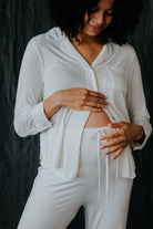 White over-bump maternity pyjama trousers by Hawkins and Human, made for comfort and fit