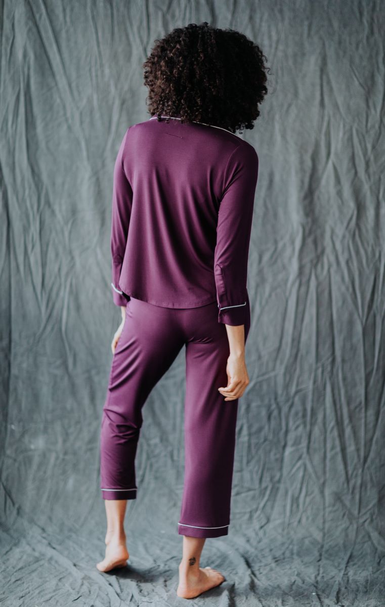 Mulberry maternity pyjama set from Hawkins and Human, made in sustainable bamboo